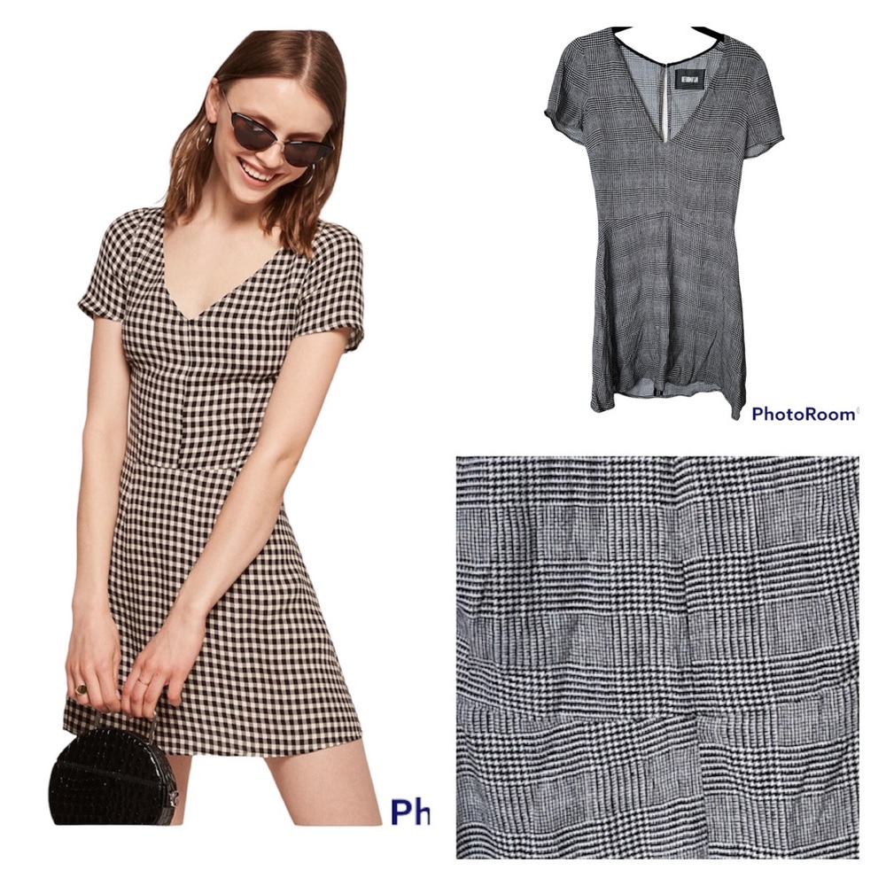 REFOMRATION Black White Houndstooth Short Sleeve V Neck Mini Dress Size 2/XS
